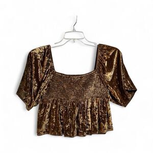 American Eagle Crushed Velvet Smocked Peplum Top | Puff Sleeve Boho Y2K | M